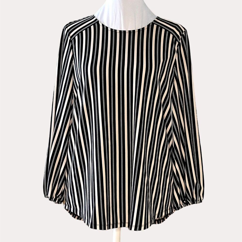 Adrianna Papell Slinky Knit Blouse Top Striped Black Tan S NWOT